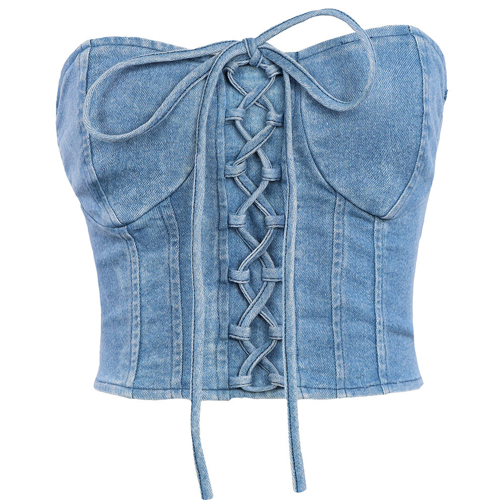 Sexy Denim Y2K Lace up  Tube Top Women