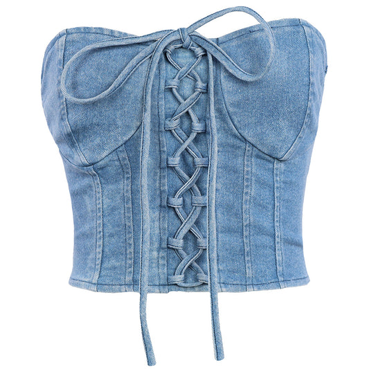 Sexy Denim Y2K Lace up  Tube Top Women