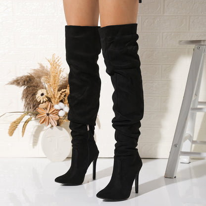 Over the Knee Ultrasuede Slouched Boots with High Heel Pointed Toe