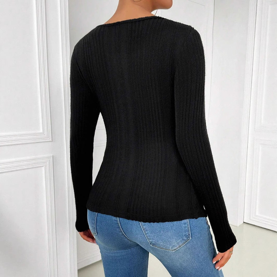 Black Asymmetric Collar Hollow Out Cutout Long Sleeved  Top