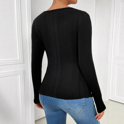Black Asymmetric Collar Hollow Out Cutout Long Sleeved  Top