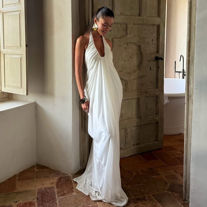 White  Sexy Loose Backless Sleeveless V neck Pleated Long Halter Mesh Dress