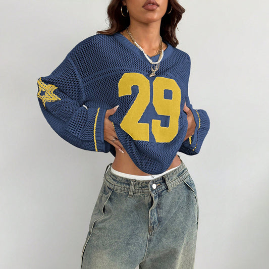 Football Inspo  V neck Long Sleeved Knitted Sweater
