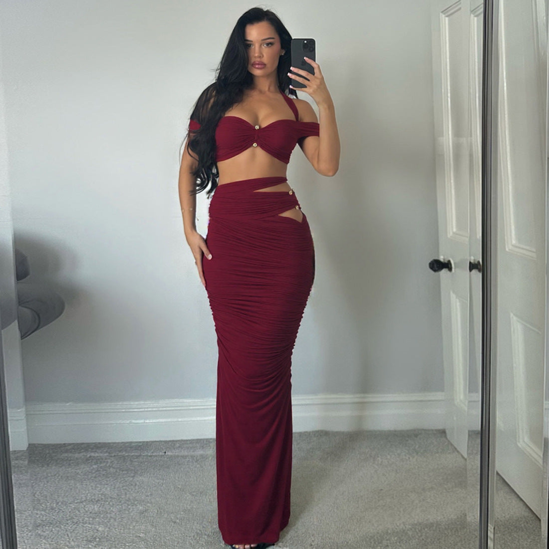 Sexy Halter off the Shoulder Tie Dye like 2 piece set with Sexy Skirt gold Hardwear