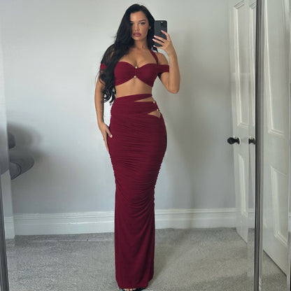 Sexy Halter off the Shoulder Tie Dye like 2 piece set with Sexy Skirt gold Hardwear