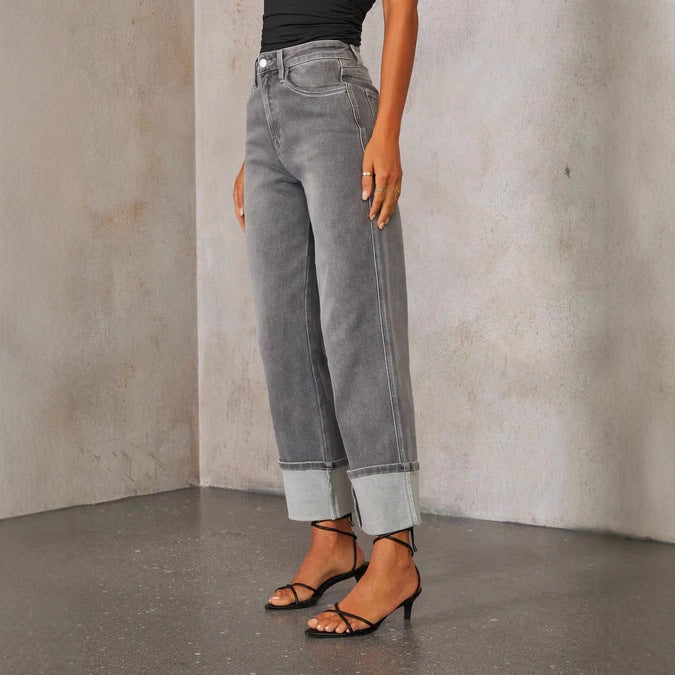 Ladies High Waist Gray Zipper Pocket Jeans w/ Wide Cuff