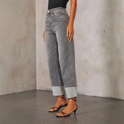 Ladies High Waist Gray Zipper Pocket Jeans w/ Wide Cuff