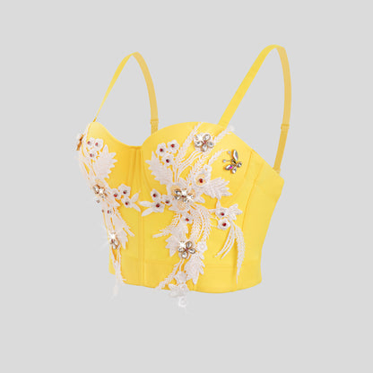 Yellow Floral Sexy Bustier with Floral Applique Y2K