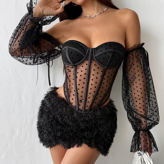Polka Dot Mesh Lace up See through off Shoulder Bell Sleeve Steel Ring Boning Cors