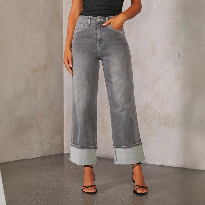 Ladies High Waist Gray Zipper Pocket Jeans w/ Wide Cuff