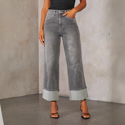 Ladies High Waist Gray Zipper Pocket Jeans w/ Wide Cuff