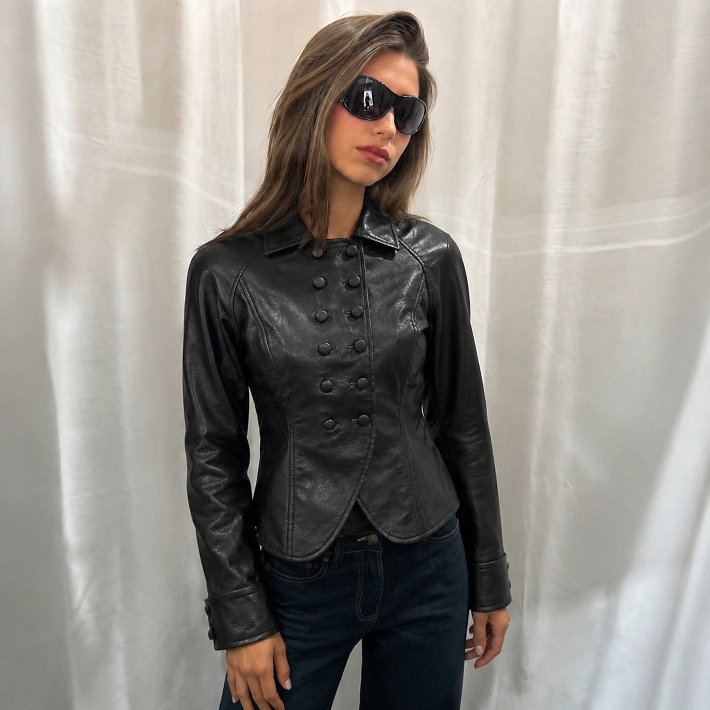 Vegan Leather Double Breasted Collared Vintage Jacket