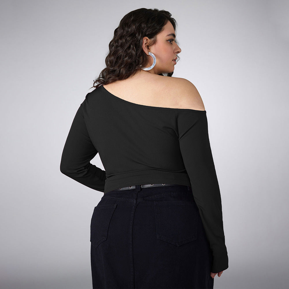 Sexy Asymmetric Long Sleeve Plus Size Black Top