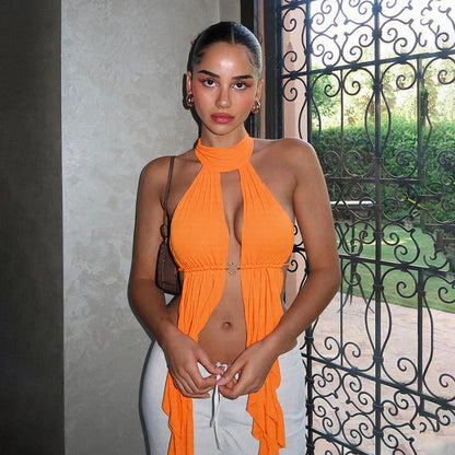 Sexy Mesh Hollow Out Cutout Halter Lace up Backless Tassel T shirt Vest