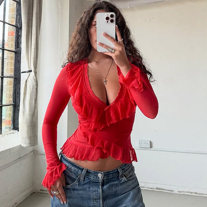 Sexy Low Cut V neck Ruffled Slim Flared Long Sleeve Top