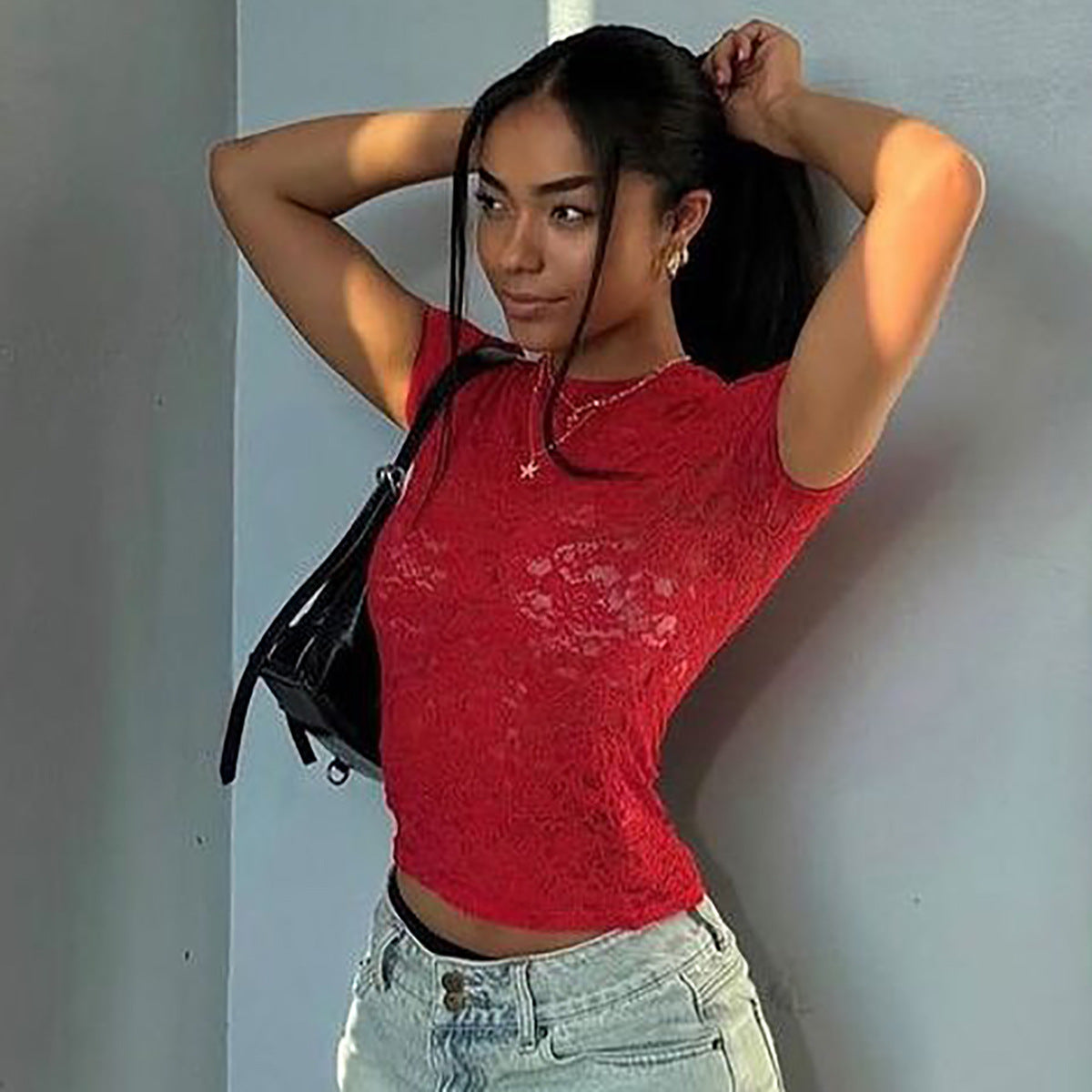 Sexy Lace See through Slim Fit Crew Neck T shirt Top