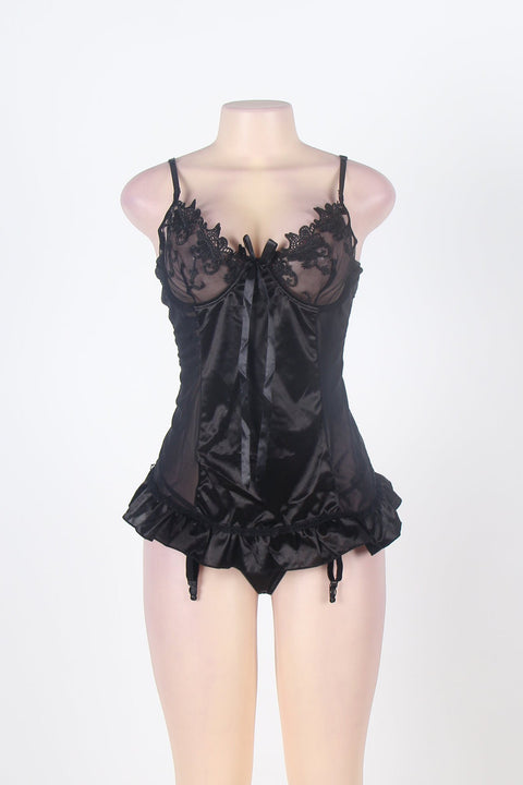 Black Sexy Satin Babydoll with Ruffle hem and Underwire with Lace up in Back