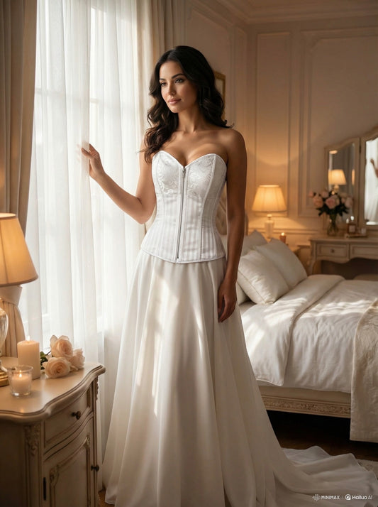 Ladies Sexy White Wire Metal Boning Corset Front Zip Brocade Jacquard