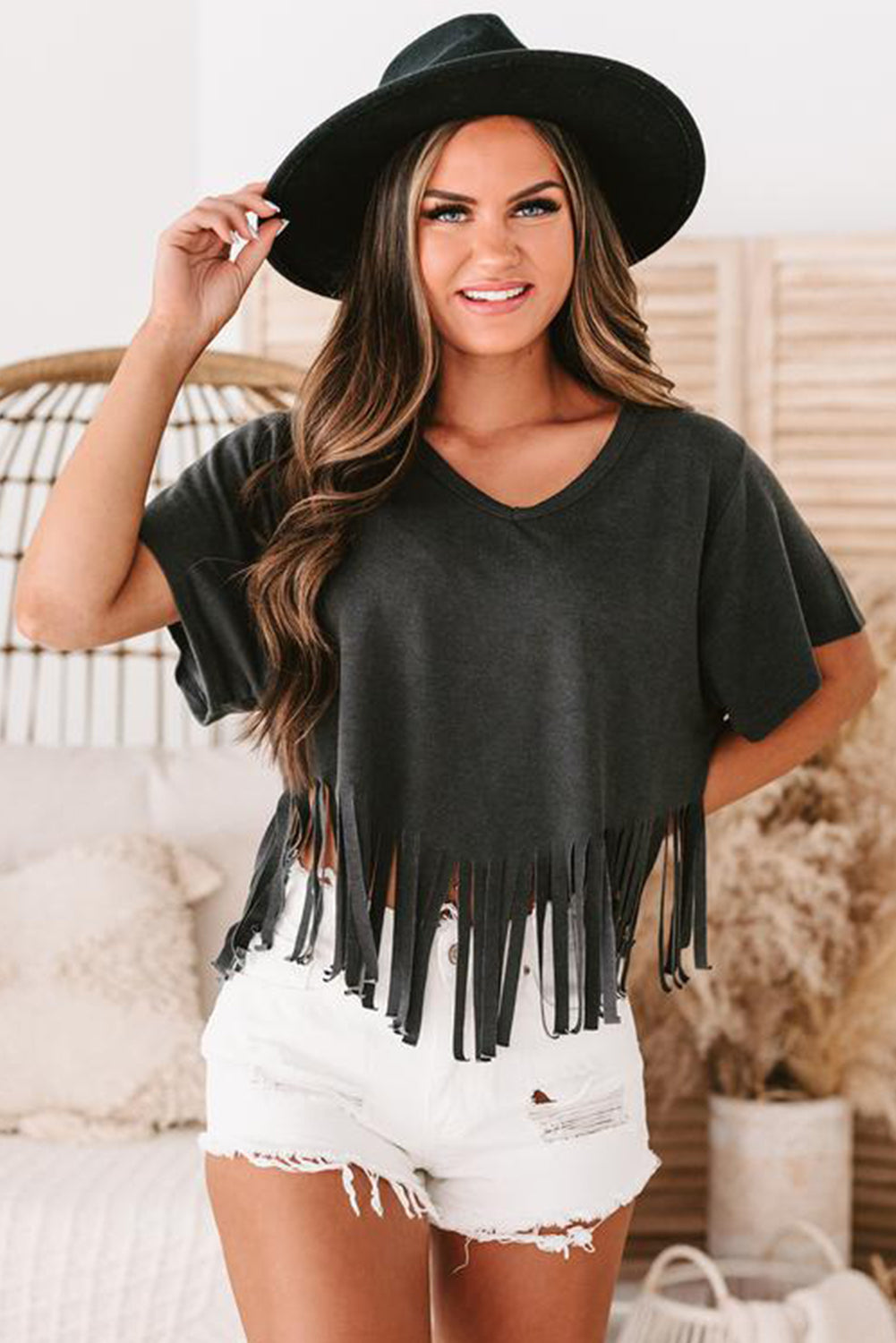 Black Fringe Hem V Neck T Shirt