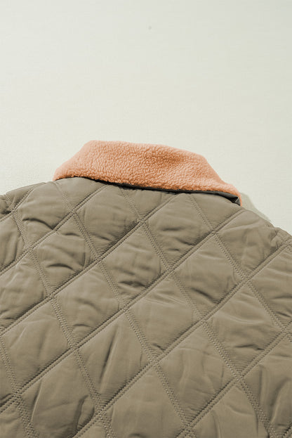 Jungle Green Teddy Collar Flap Pockets Quilted Puffer Jacket