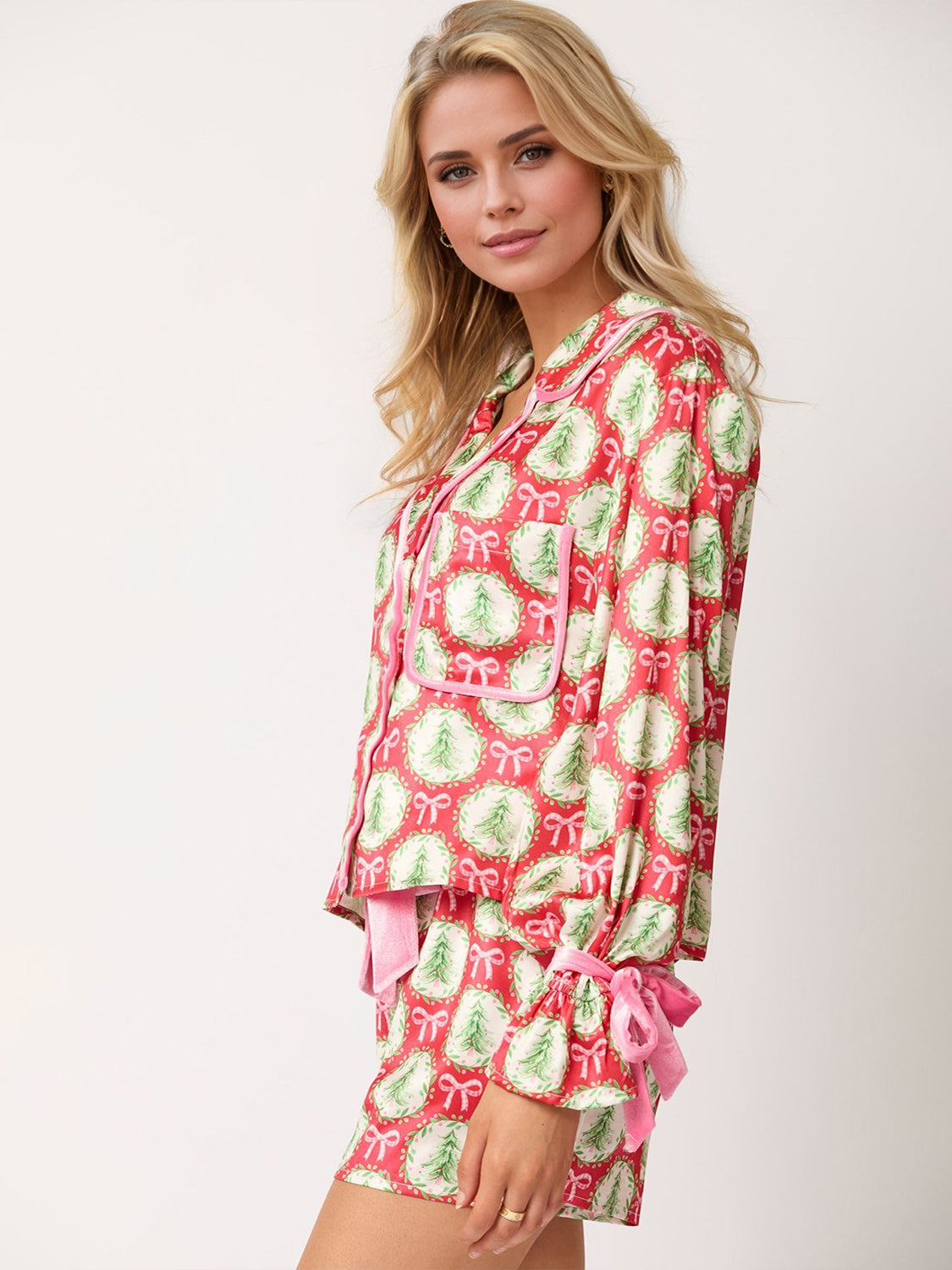 Santa Printed  Long Sleeve Top and Shorts Set Loungewear