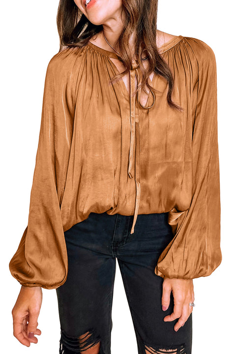 Camel Satin Pleated Tied V Neck Puff Sleeve Blouse