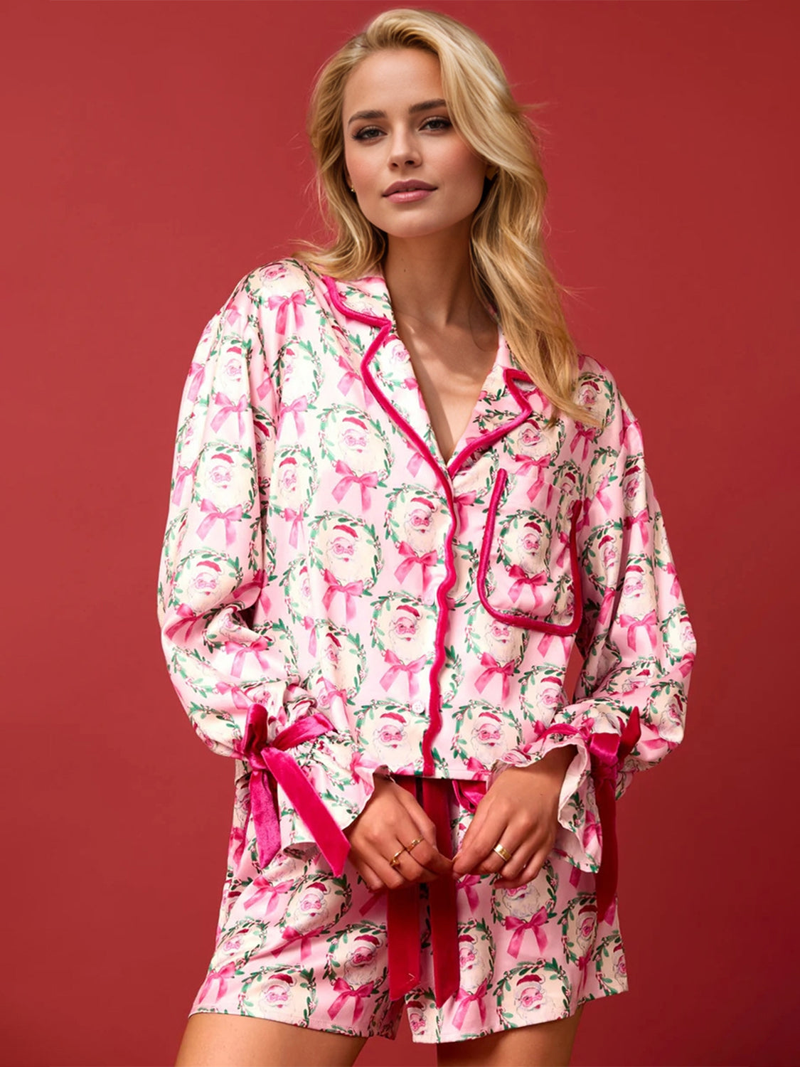 Santa Printed  Long Sleeve Top and Shorts Set Loungewear