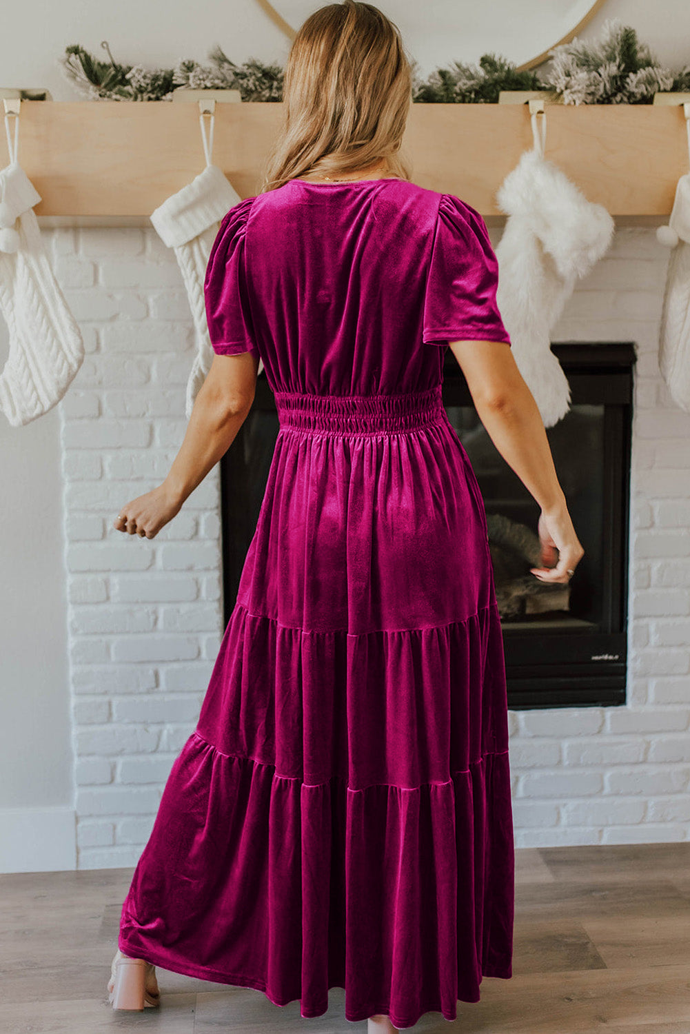 Magenta   Velvet Short Sleeve Shirred Waist Tiered Maxi Dress