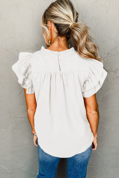 White Smocked Ruffle Sleeve Blouse