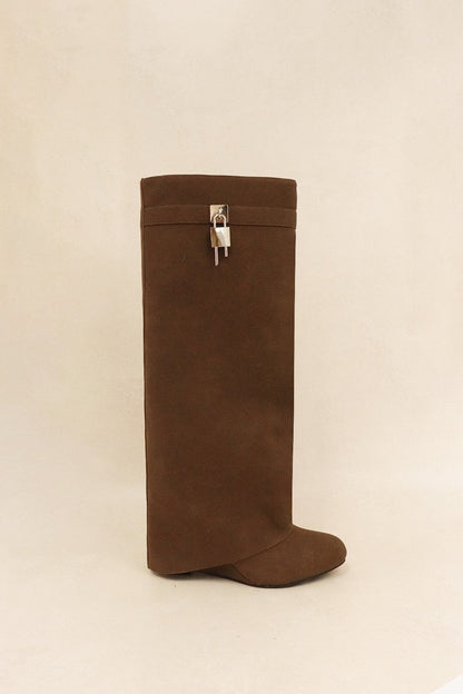 Brown Suede Knee-High Boots with Silver Lock Detail – Luxe Minimalist Edge