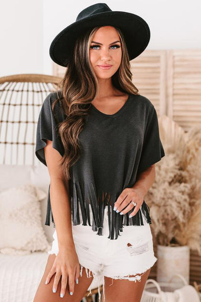 Black Fringe Hem V Neck T Shirt