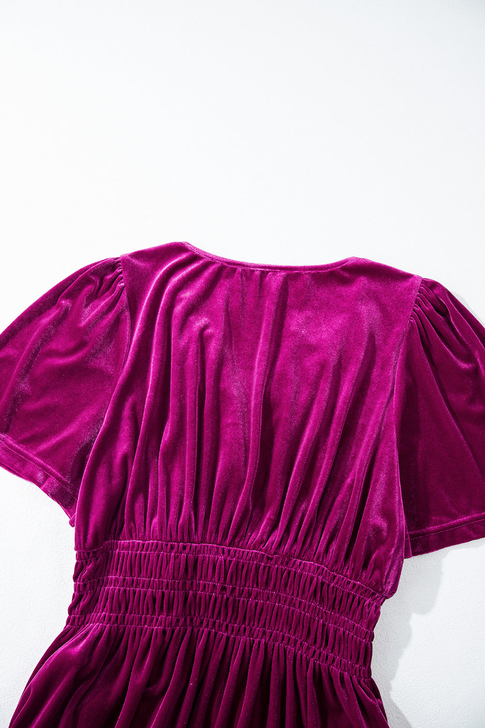 Magenta   Velvet Short Sleeve Shirred Waist Tiered Maxi Dress