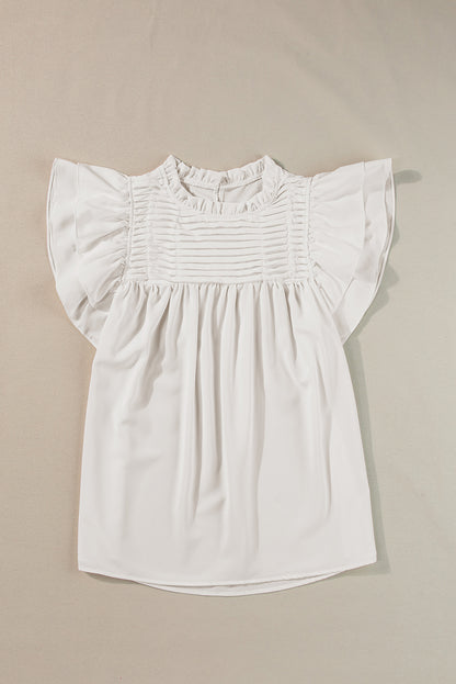 White Smocked Ruffle Sleeve Blouse