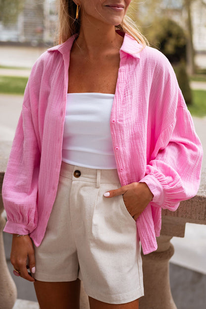 Barbie Pink  Puff Sleeve Crinkled Shirt