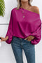 Bright Pink Asymmetrical Neck Balloon Sleeve Satin Blouse