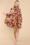 Multicolor Shirred High Neck Lace-up High Waist Floral Dress