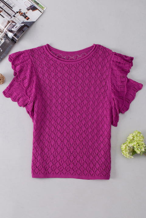 Violet Ruffled Short Sleeve Textured Knit Sweater