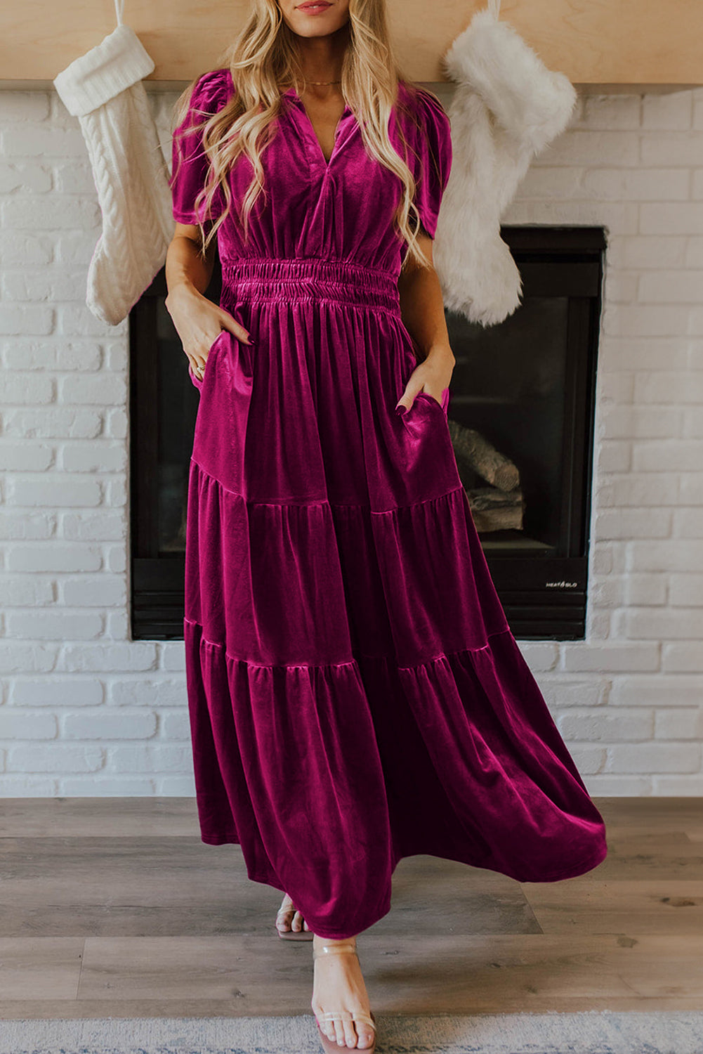 Magenta   Velvet Short Sleeve Shirred Waist Tiered Maxi Dress