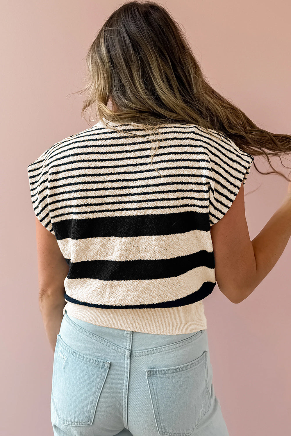 Black white Striped O Neck Sweater top