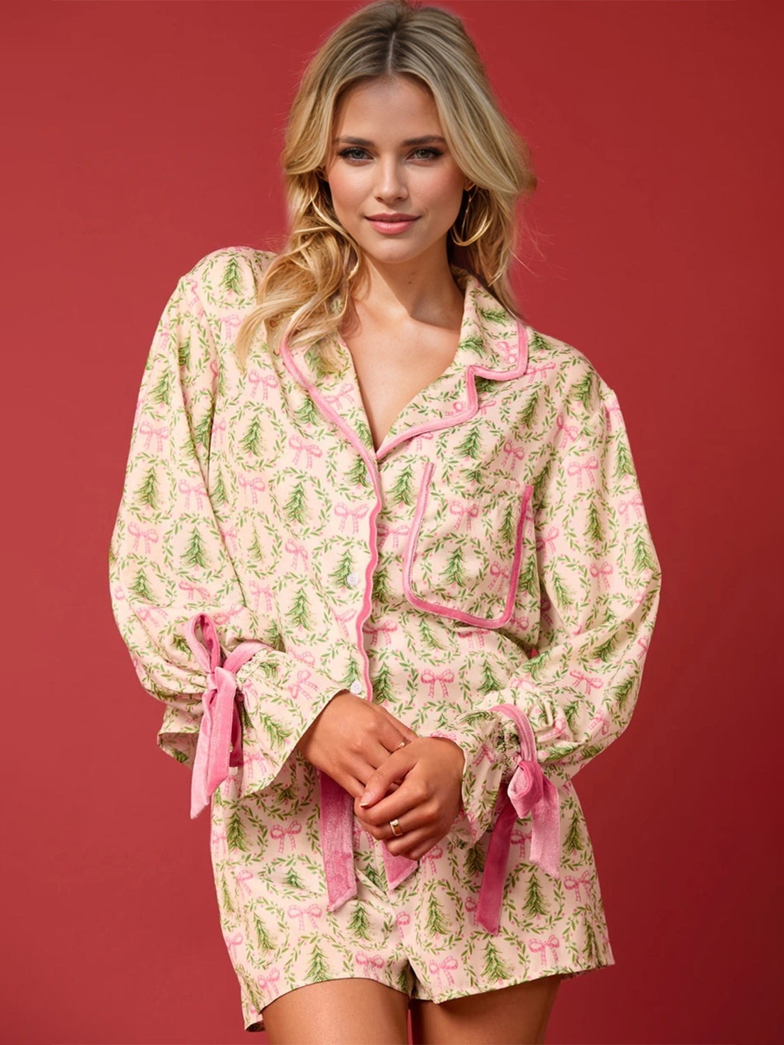 Santa Printed  Long Sleeve Top and Shorts Set Loungewear