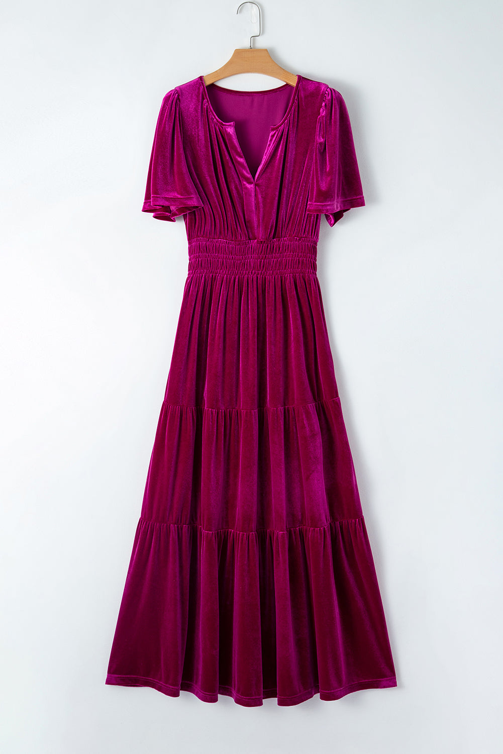 Magenta   Velvet Short Sleeve Shirred Waist Tiered Maxi Dress