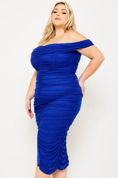 Monica Rhinestone Detail Shirring Side Off-the-Shoulder Plus Size Bodycon Midi Dress