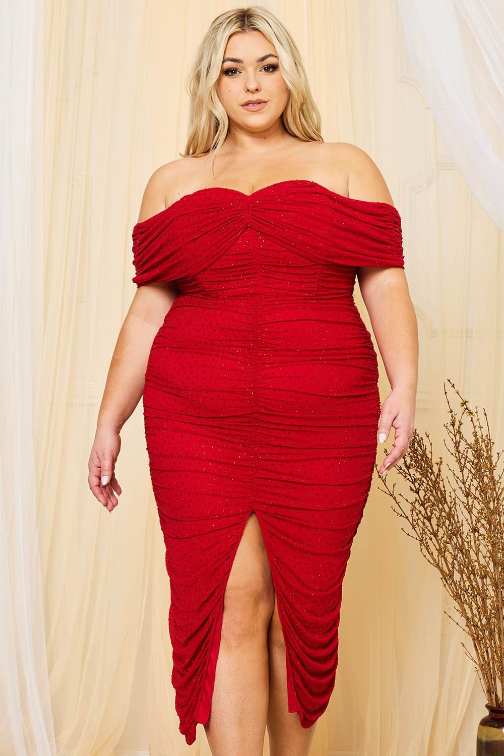 Monica Rhinestone Detail Shirring Side Off-the-Shoulder Plus Size Bodycon Midi Dress