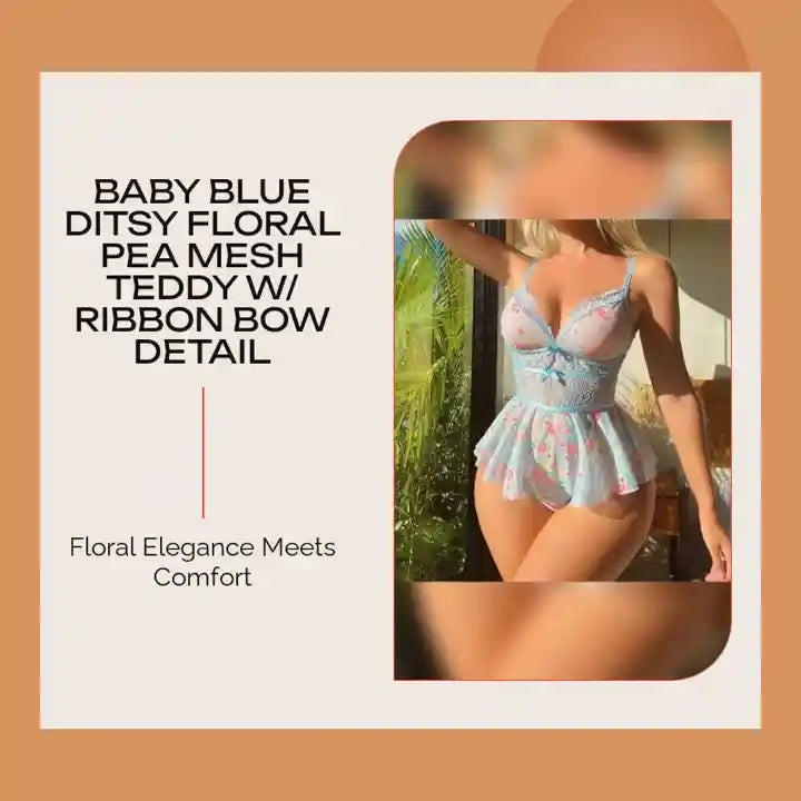Baby Blue Ditsy Floral Pea Mesh Teddy w/ Ribbon Bow Detail by@Outfy