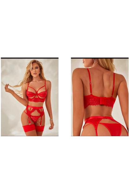 Ladies Sexy Red or Black Lace Bra Set w/ Strappy Detail and Garters al Lovely Lies Ladies Sexy Red or Black Lace Bra Set w/ Strappy Detail and Garters al Lovely Lies