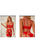 Ladies Sexy Red or Black Lace Bra Set w/ Strappy Detail and Garters along w/ Panty
