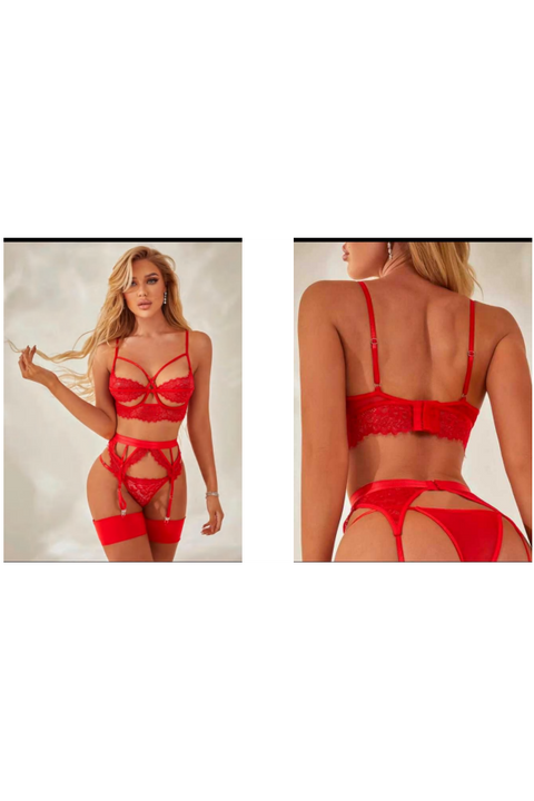 Ladies Sexy Red or Black Lace Bra Set w/ Strappy Detail and Garters along w/ Panty