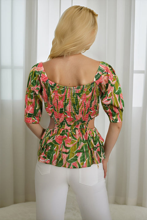 Ladies  Green Peach Palm Printed Smocked Off the Shoulder Cap Sleeve Ruffle Top with Open Detail at Sides
