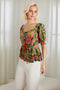 Ladies  Green Peach Palm Printed Smocked Off the Shoulder Cap Sleeve Ruffle Top with Open Detail at Sides