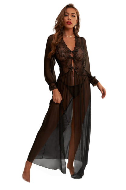 Ladies Black Sheer Long Sleeve Lace Robe with Thong